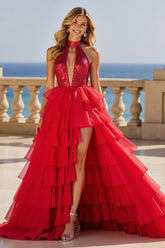 Glitzerndes Rotes A-Linie Ballkleid aus Tüll mit hohem Ausschnitt und Rüschen